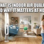 A woman cooking on a stove with a Dyson air purifier and an open window in a bright living room, featuring the text "What Is Indoor Air Quality and Why It Matters at Home" in Impact font.