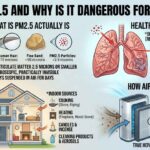 An educational infographic explaining what is PM2.5 and why is it dangerous for your lungs, showing particle size comparisons, indoor sources like cooking, and how HEPA filters trap microscopic dust.