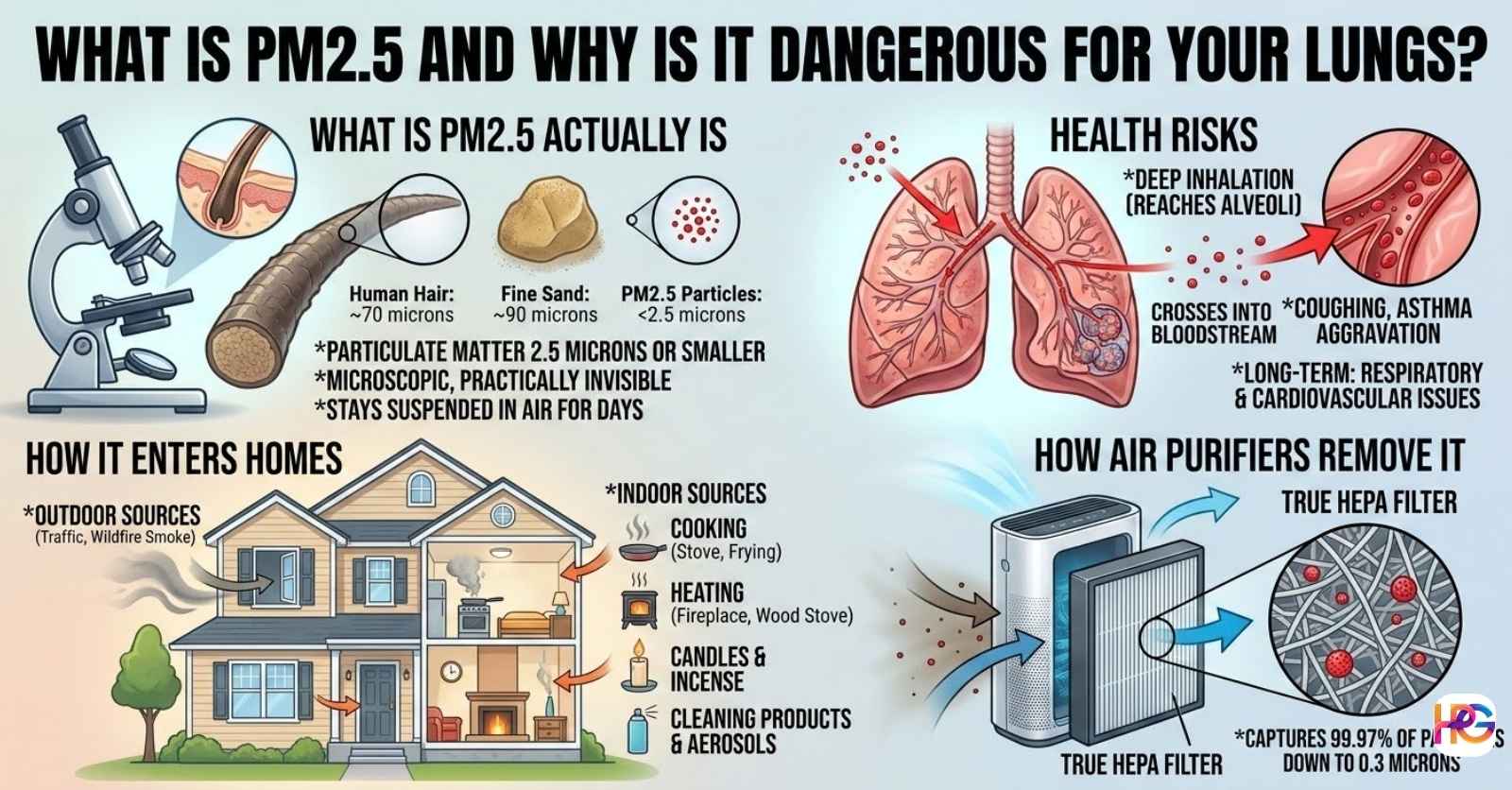 An educational infographic explaining what is PM2.5 and why is it dangerous for your lungs, showing particle size comparisons, indoor sources like cooking, and how HEPA filters trap microscopic dust.
