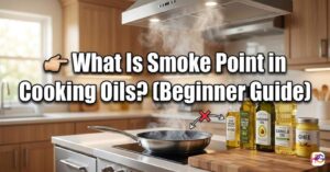 A smoking frying pan on a kitchen stove next to bottles of extra virgin olive oil, avocado oil, canola oil, and ghee, with the text "What Is Smoke Point in Cooking Oils? (Beginner Guide)" across the center.