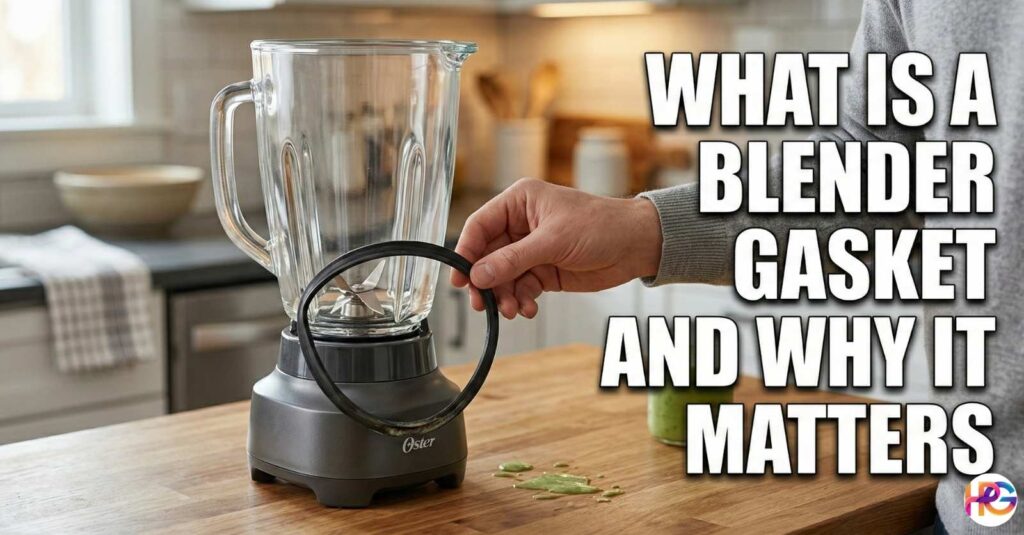 A person holds a black rubber ring next to a leaky glass blender. The text says What Is a Blender Gasket and Why It Matters.