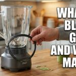 A person holds a black rubber ring next to a leaky glass blender. The text says What Is a Blender Gasket and Why It Matters.