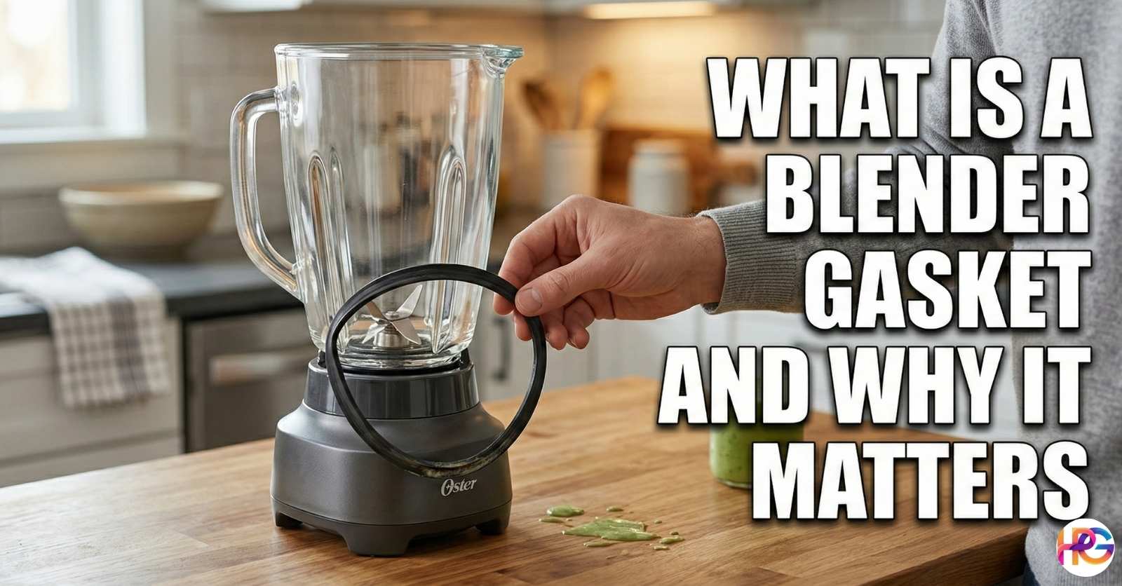 A person holds a black rubber ring next to a leaky glass blender. The text says What Is a Blender Gasket and Why It Matters.