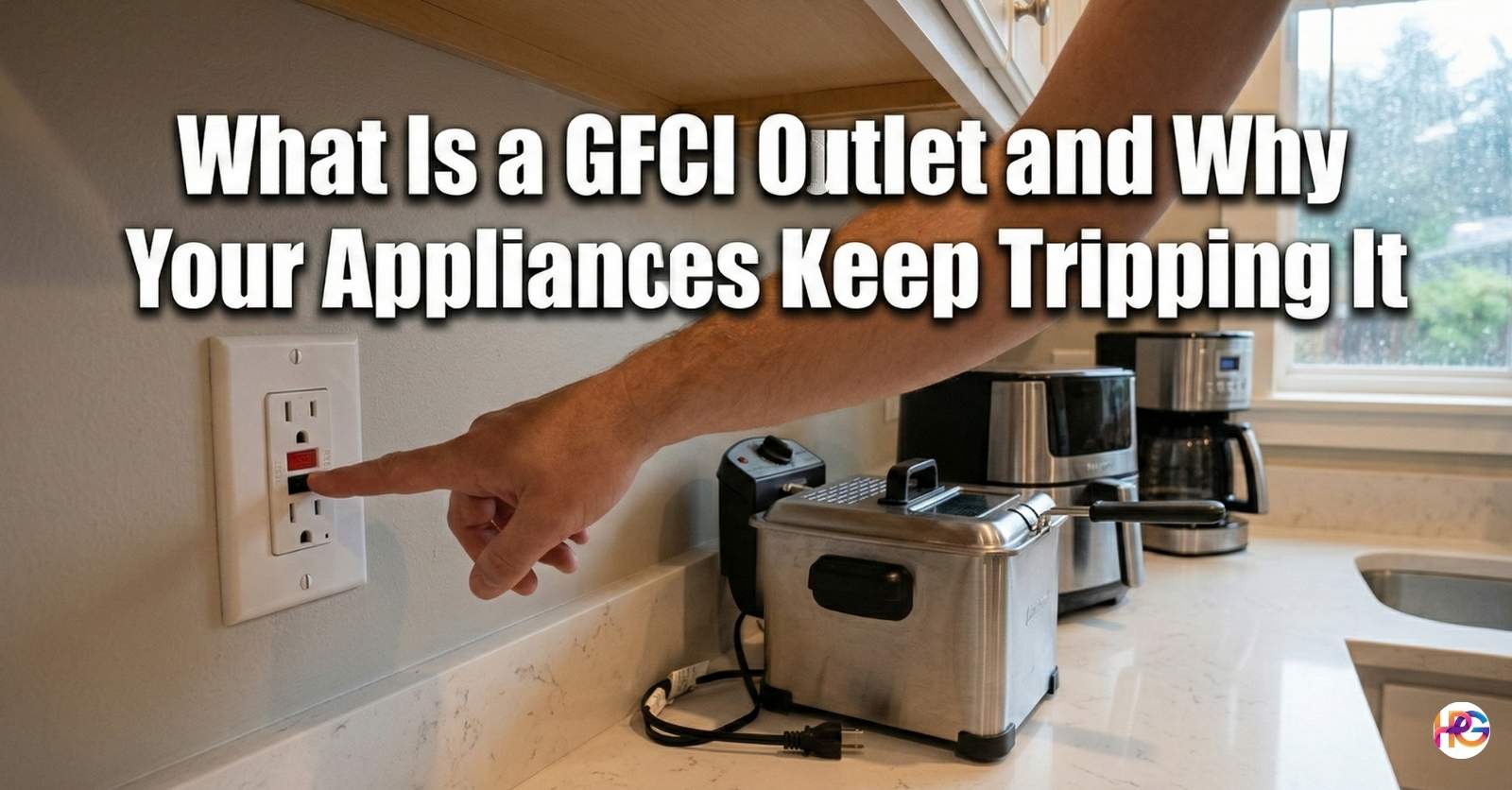 A person pressing the reset button on a kitchen GFCI outlet next to a stainless steel deep fryer, with text reading What Is a GFCI Outlet and Why Your Appliances Keep Tripping It.