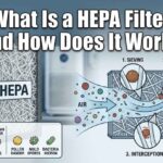 A detailed 1600x836 diagram titled What Is a HEPA Filter and How Does It Work showing a True HEPA fiber web, a micron size scale, and the four steps of particle capture.
