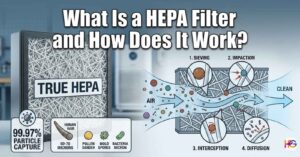 A detailed 1600x836 diagram titled What Is a HEPA Filter and How Does It Work showing a True HEPA fiber web, a micron size scale, and the four steps of particle capture.