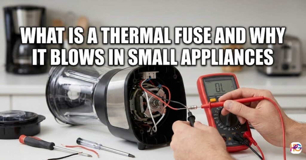 Person testing a tiny thermal fuse inside a blender motor with a red digital multimeter, illustrating What Is a Thermal Fuse and Why It Blows in Small Appliances.