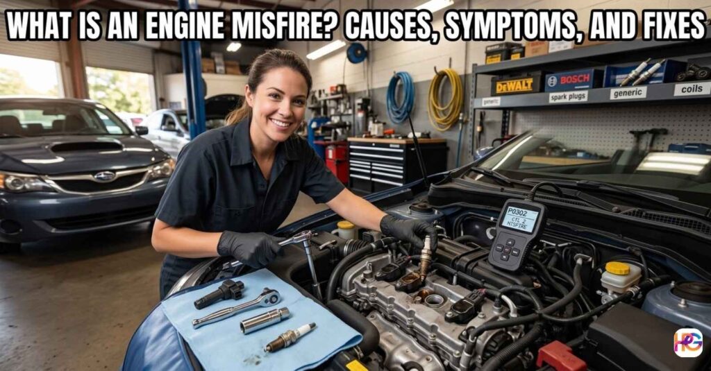 A woman using a wrench and OBD2 scanner in a garage to fix a car engine with the text What Is an Engine Misfire? Causes, Symptoms, and Fixes.