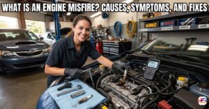 A woman using a wrench and OBD2 scanner in a garage to fix a car engine with the text What Is an Engine Misfire? Causes, Symptoms, and Fixes.