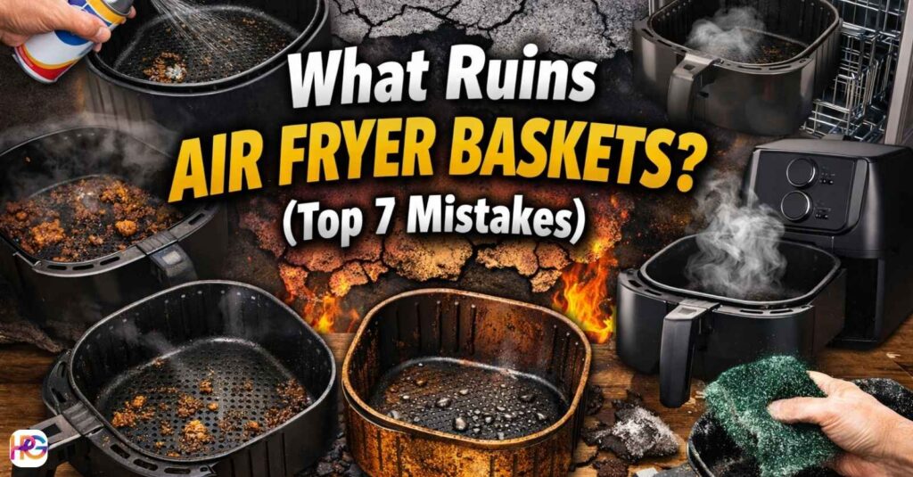 Air fryer basket with peeling non-stick coating and scratches showing common damage causes