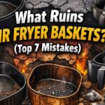 Air fryer basket with peeling non-stick coating and scratches showing common damage causes