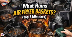 Air fryer basket with peeling non-stick coating and scratches showing common damage causes