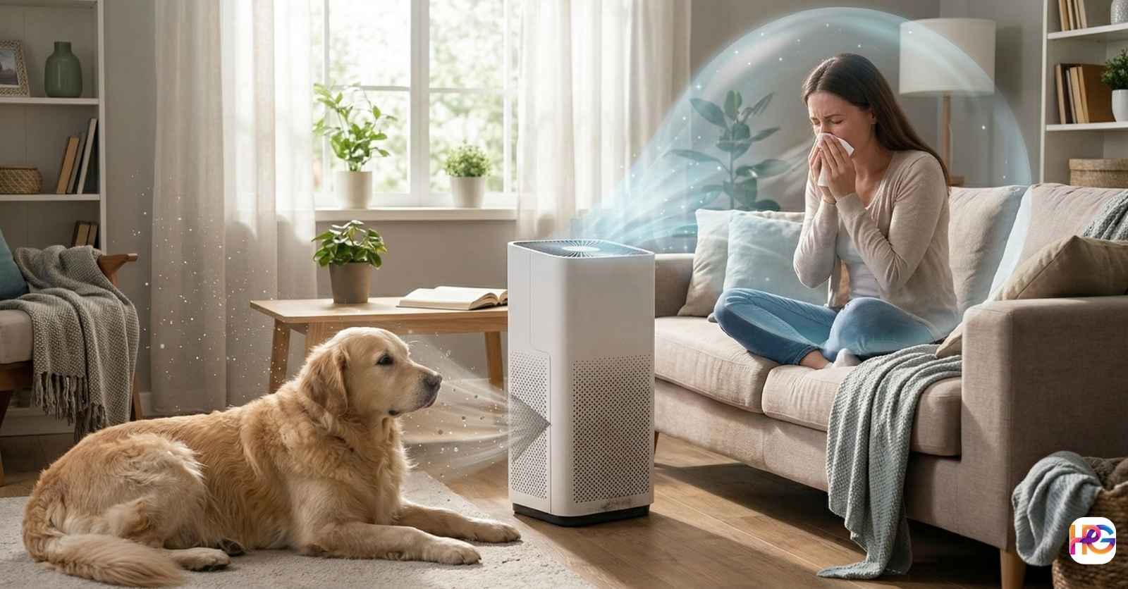 A golden retriever sits on a rug near an air purifier that is pulling in pet dander and dust. On the couch, a woman sneezes into a tissue while the machine blows a stream of clean, fresh air toward her to help her allergies.
