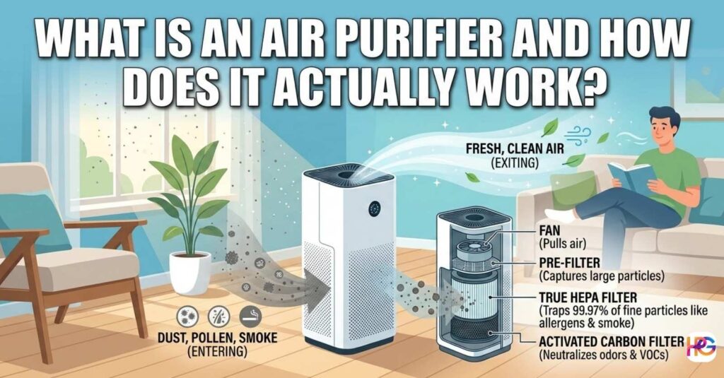 Diagram showing what is an air purifier and how does it actually work, revealing the inside fan, HEPA filter, and carbon filter cleaning dusty room air.