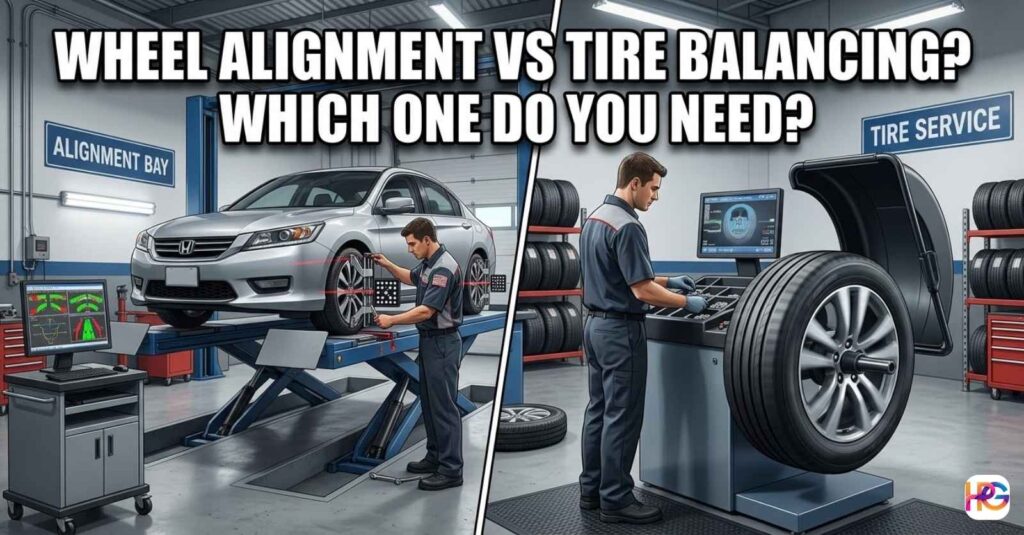 A split graphic showing a car on a laser alignment rack and a technician using a wheel balancing machine with the text: Wheel alignment vs tire balancing? Which One Do You Need?