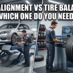 A split graphic showing a car on a laser alignment rack and a technician using a wheel balancing machine with the text: Wheel alignment vs tire balancing? Which One Do You Need?