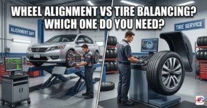 A split graphic showing a car on a laser alignment rack and a technician using a wheel balancing machine with the text: Wheel alignment vs tire balancing? Which One Do You Need?