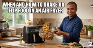 A smiling man in a bright kitchen tossing golden french fries in a wire basket next to a black air fryer. Large text reads: When and How to Shake or Flip Food in an Air Fryer.