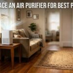 A white air purifier sitting on a wooden side table in a living room with clean air rays flowing out, illustrating where to place an air purifier for best performance.
