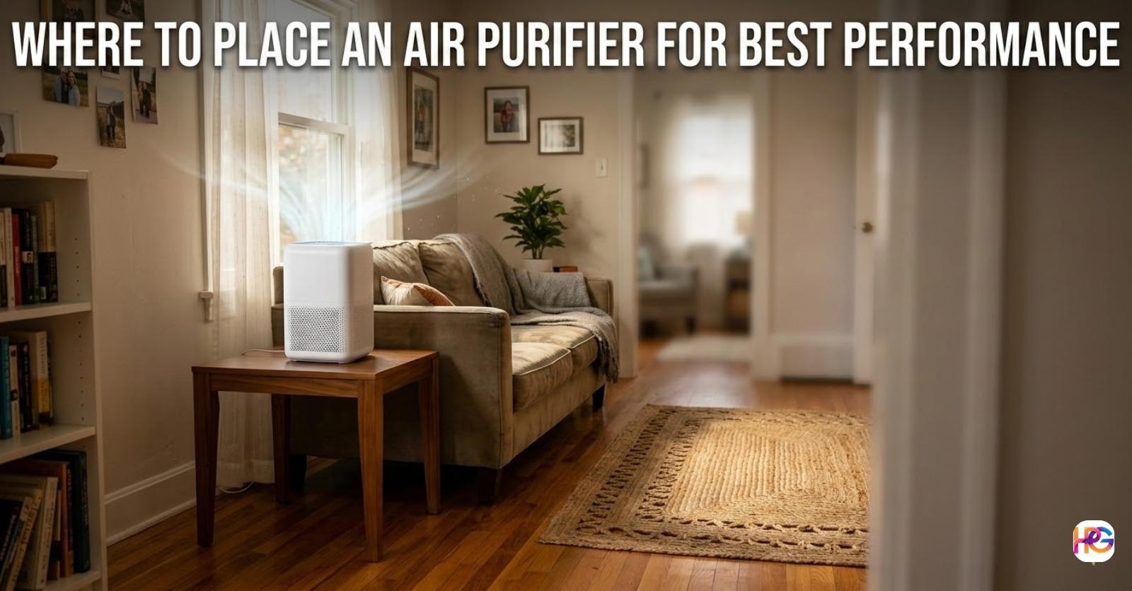A white air purifier sitting on a wooden side table in a living room with clean air rays flowing out, illustrating where to place an air purifier for best performance.