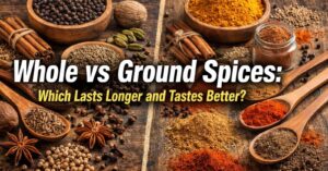 Side-by-side view of whole spices and ground spices with bold Impact font text reading “Whole vs Ground Spices: Which Lasts Longer and Tastes Better?”