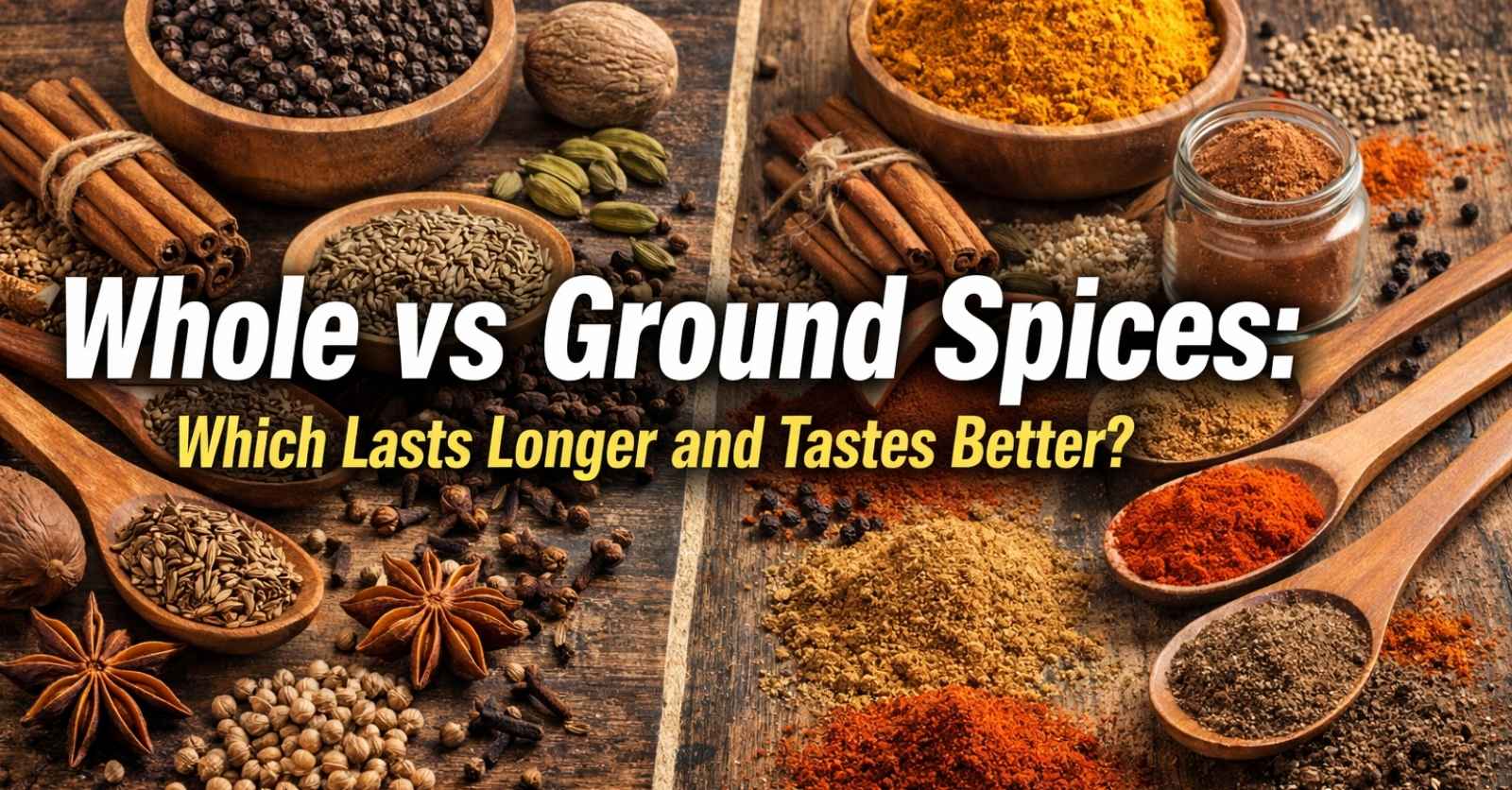 Side-by-side view of whole spices and ground spices with bold Impact font text reading “Whole vs Ground Spices: Which Lasts Longer and Tastes Better?”