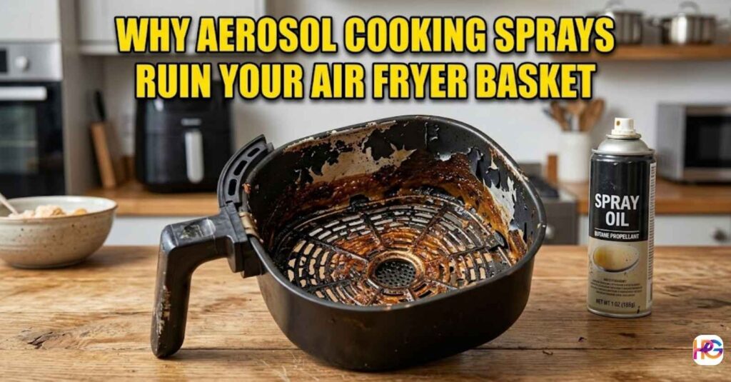 A peeling black air fryer basket next to a spray can.
