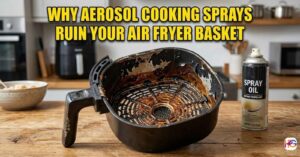 A peeling black air fryer basket next to a spray can.