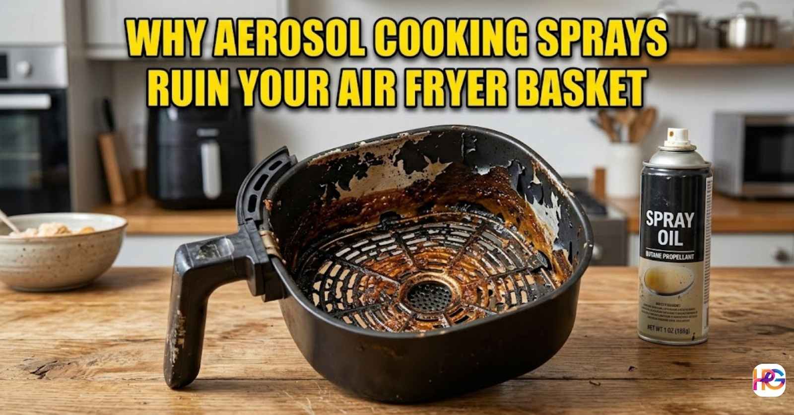 A peeling black air fryer basket next to a spray can.