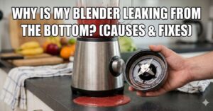 A silver blender leaking red smoothie from the bottom onto a kitchen counter, with a hand holding the removed blade assembly to inspect the rubber gasket.