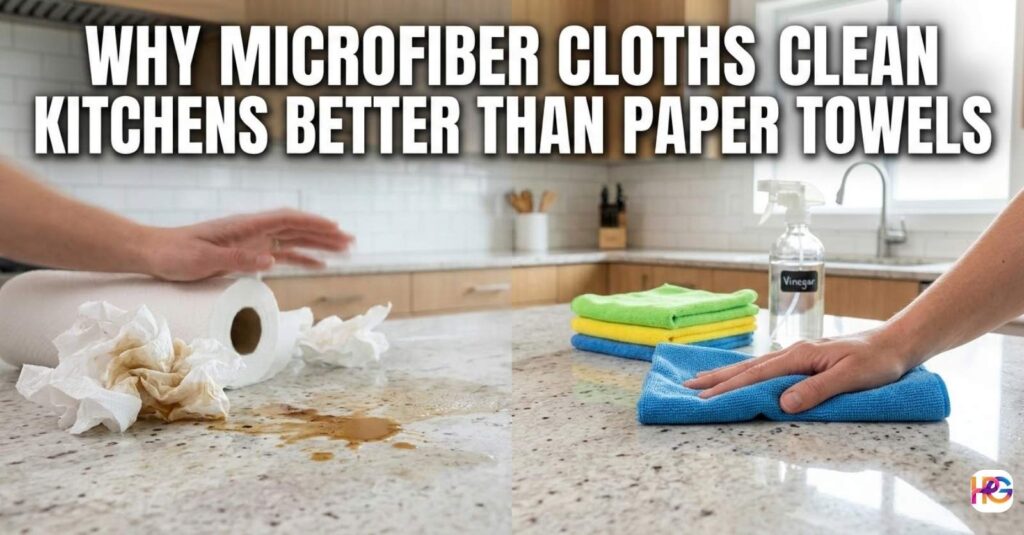 A side-by-side comparison of a messy kitchen counter with wasted paper towels versus a clean counter being wiped by a blue microfiber cloth and a vinegar spray bottle.