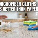 A side-by-side comparison of a messy kitchen counter with wasted paper towels versus a clean counter being wiped by a blue microfiber cloth and a vinegar spray bottle.