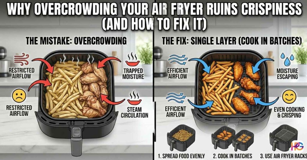 Overcrowded air fryer basket with piled fries next to properly spaced crispy fries, text overlay reads Why Overcrowding Your Air Fryer Ruins Crispiness (And How to Fix It)