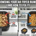 Overcrowded air fryer basket with piled fries next to properly spaced crispy fries, text overlay reads Why Overcrowding Your Air Fryer Ruins Crispiness (And How to Fix It)