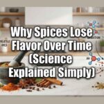 An illustration showing fresh whole spices and a mortar and pestle next to an old jar of ground spice being degraded by light, heat, moisture, and oxidation.