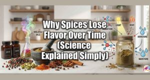 An illustration showing fresh whole spices and a mortar and pestle next to an old jar of ground spice being degraded by light, heat, moisture, and oxidation.