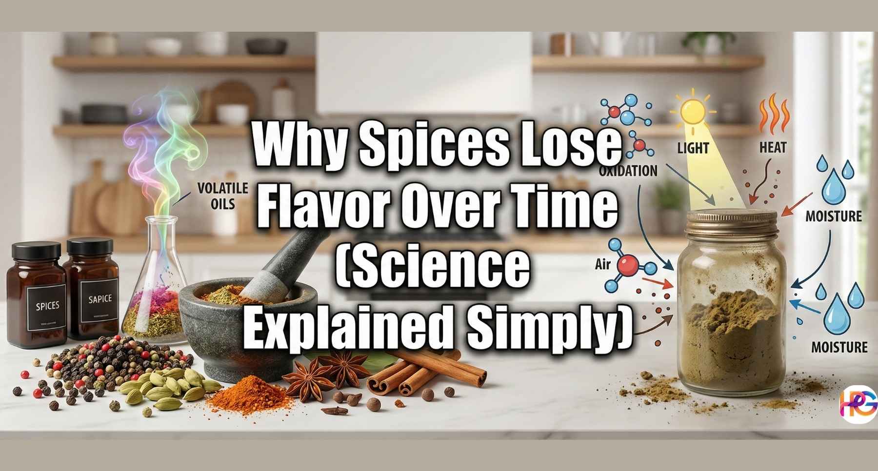 An illustration showing fresh whole spices and a mortar and pestle next to an old jar of ground spice being degraded by light, heat, moisture, and oxidation.