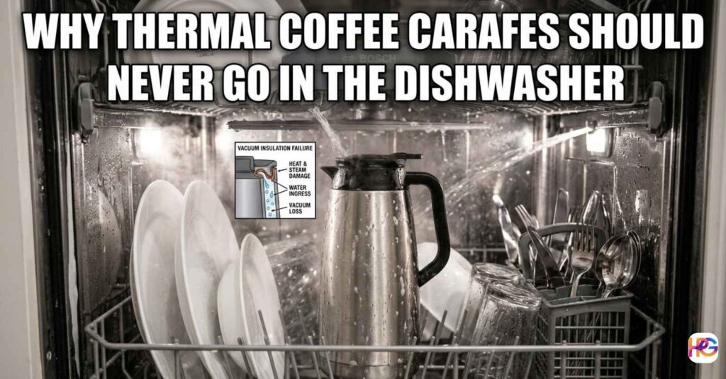 A stainless steel thermal coffee pot getting wet inside a hot dishwasher, showing exactly why thermal coffee carafes should never go in the dishwasher.
