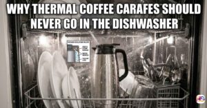 A stainless steel thermal coffee pot getting wet inside a hot dishwasher, showing exactly why thermal coffee carafes should never go in the dishwasher.