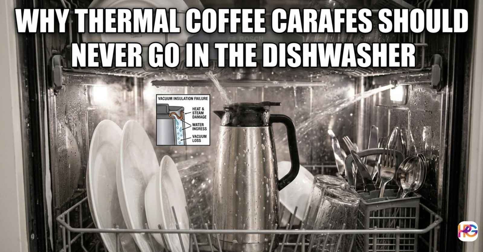 A stainless steel thermal coffee pot getting wet inside a hot dishwasher, showing exactly why thermal coffee carafes should never go in the dishwasher.