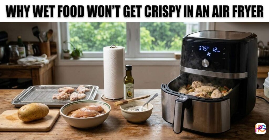 A hot black air fryer full of steaming wet food on a wood counter. Raw chicken, a fresh potato, clean paper towels, and pure oil sit near it. Bold text at the top says Why Wet Food Won’t Get Crispy in an Air Fryer.