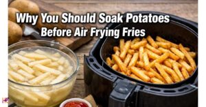 Bowl of raw potato fries soaking in cloudy water beside an air fryer basket with text “Why You Should Soak Potatoes Before Air Frying Fries”