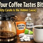 Dirty coffee carafe with brown oil stains beside baking soda, vinegar, cleaning tablets, and a fresh cup of coffee with headline text.