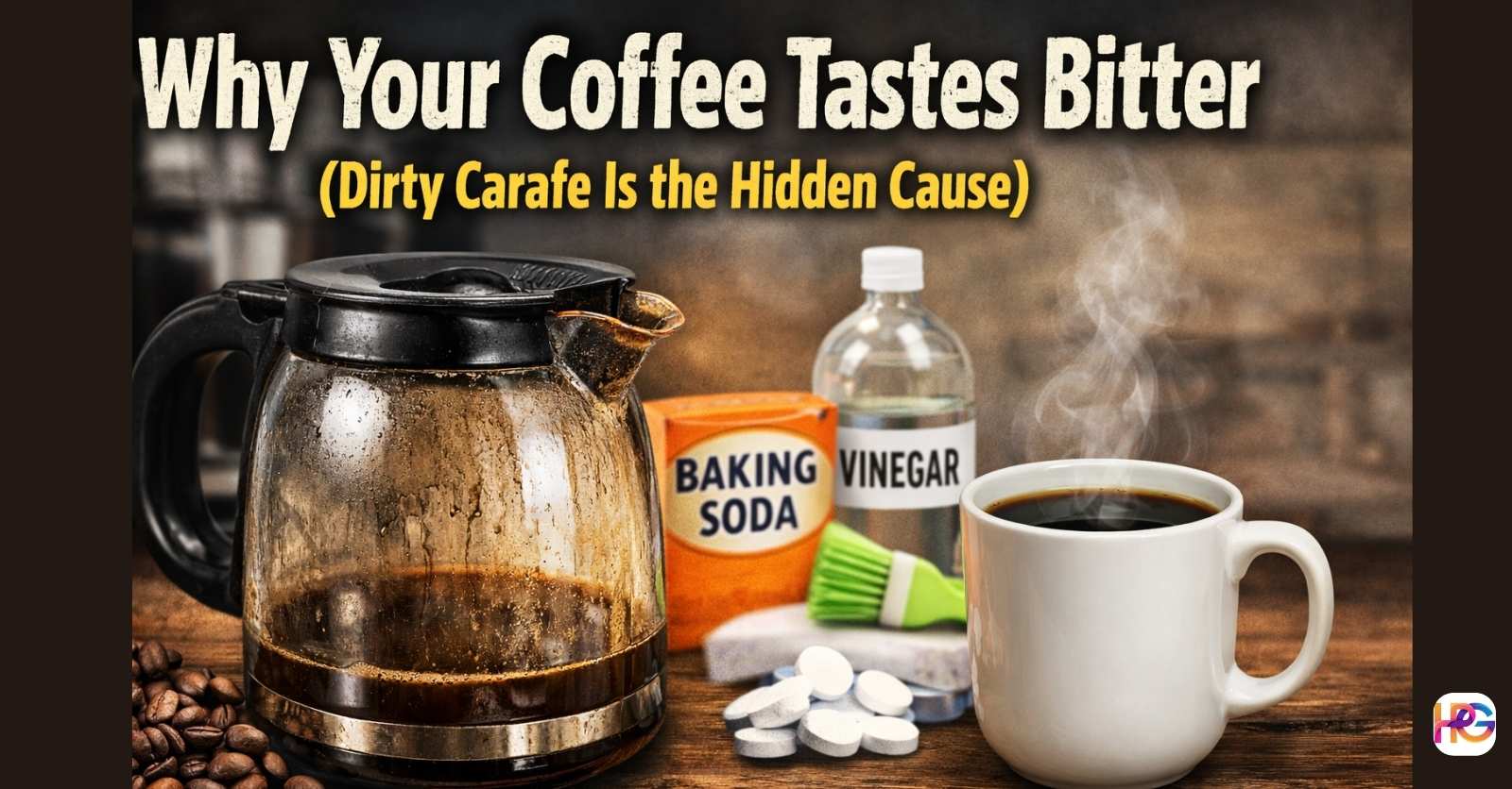 Dirty coffee carafe with brown oil stains beside baking soda, vinegar, cleaning tablets, and a fresh cup of coffee with headline text.