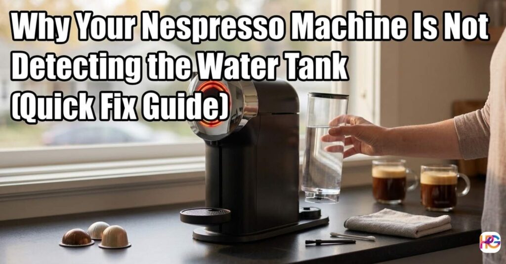 A person holding a clear water tank next to a black Nespresso coffee maker. Bold text reads Why Your Nespresso Machine Is Not Detecting the Water Tank (Quick Fix Guide).