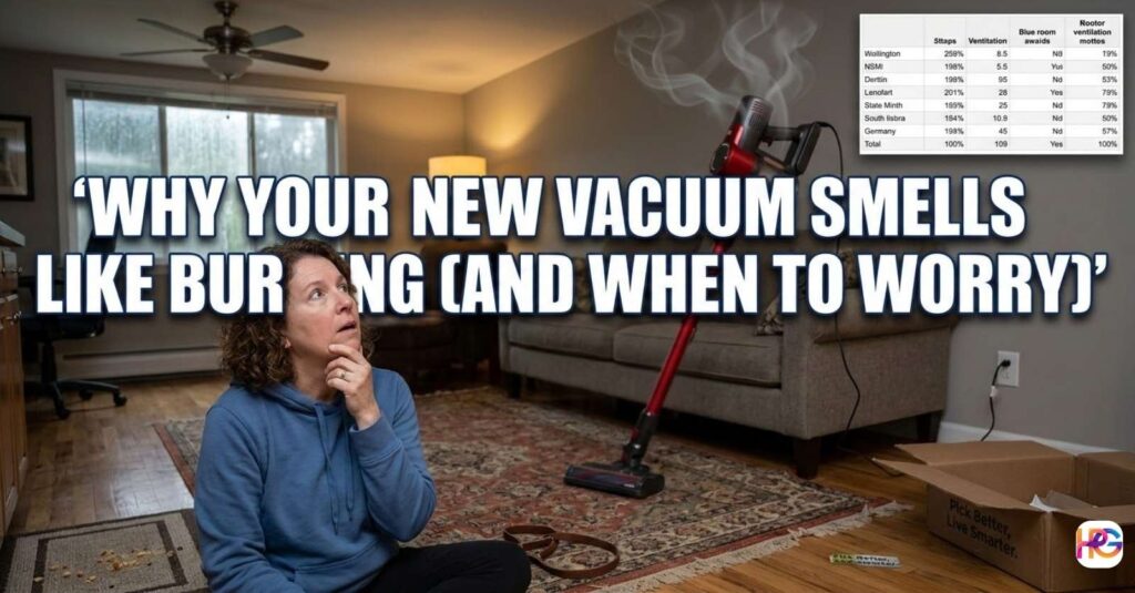 A woman sitting on a living room rug next to a new vacuum emitting a faint smell, with a cardboard box nearby and text overlay reading "Why Your New Vacuum Smells Like Burning (And When to Worry)".