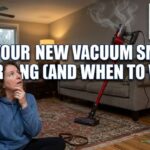 A woman sitting on a living room rug next to a new vacuum emitting a faint smell, with a cardboard box nearby and text overlay reading "Why Your New Vacuum Smells Like Burning (And When to Worry)".