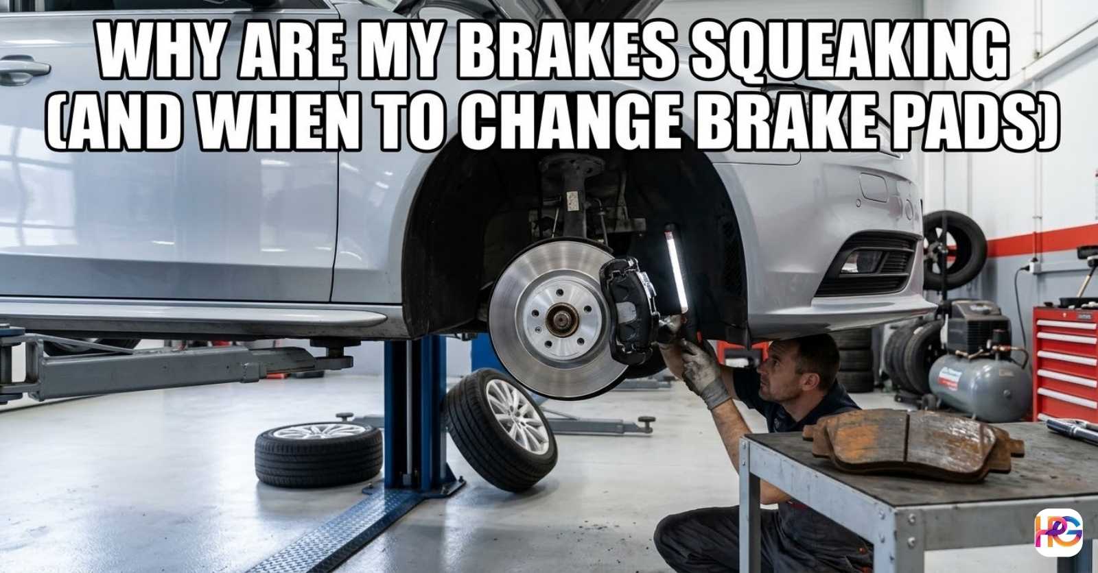 A mechanic inspecting a car on a lift in a garage with the text "Why are my brakes squeaking (And When to Change Brake Pads)" in white Impact font.