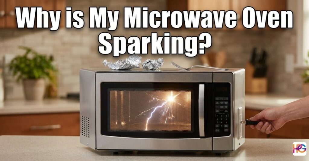 A close-up view of an open microwave oven in a kitchen with a bright blue electrical spark arcing near a greasy waveguide cover on the interior side wall.