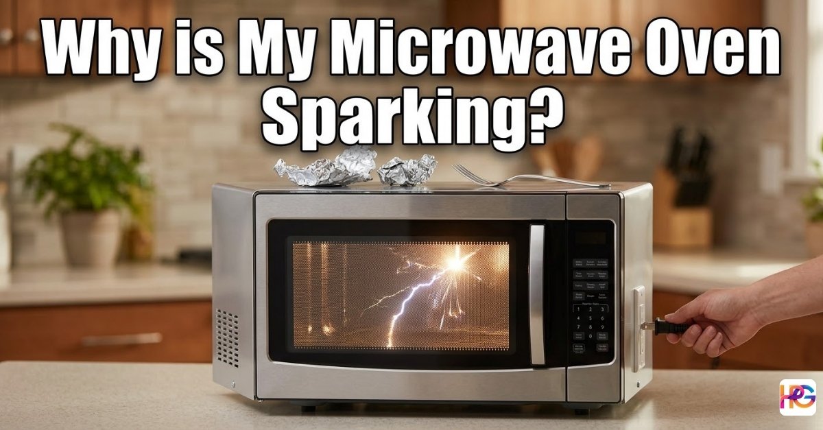 A close-up view of an open microwave oven in a kitchen with a bright blue electrical spark arcing near a greasy waveguide cover on the interior side wall.